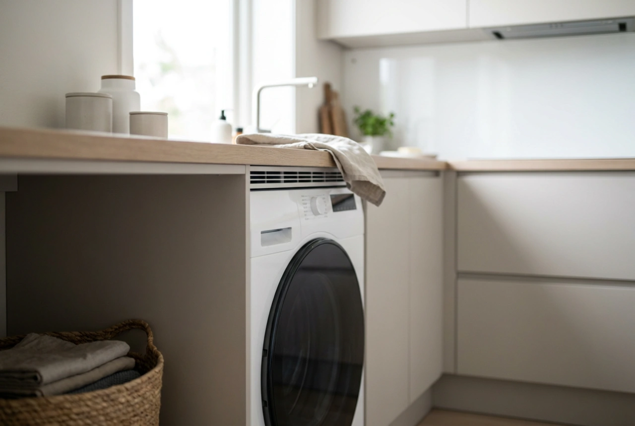 Máquina de lavar roupa sob a bancada da cozinha: praticidade e ventilação