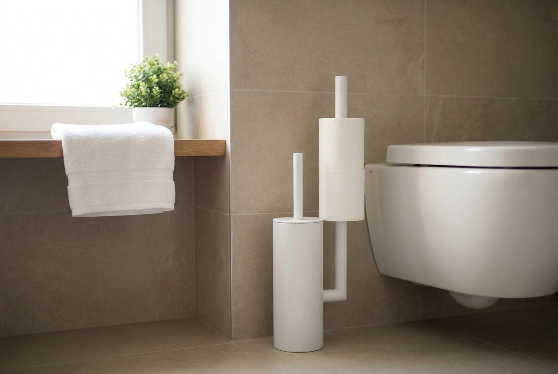 Como posicionar o suporte de escova sanitária e papel higiénico numa casa de banho pequena