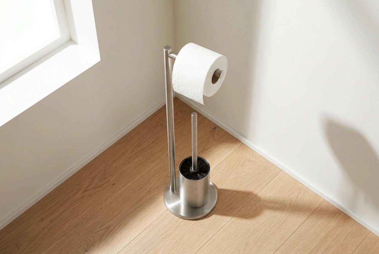 Onde posicionar o suporte de papel higiénico e piaçaba numa casa de banho pequena