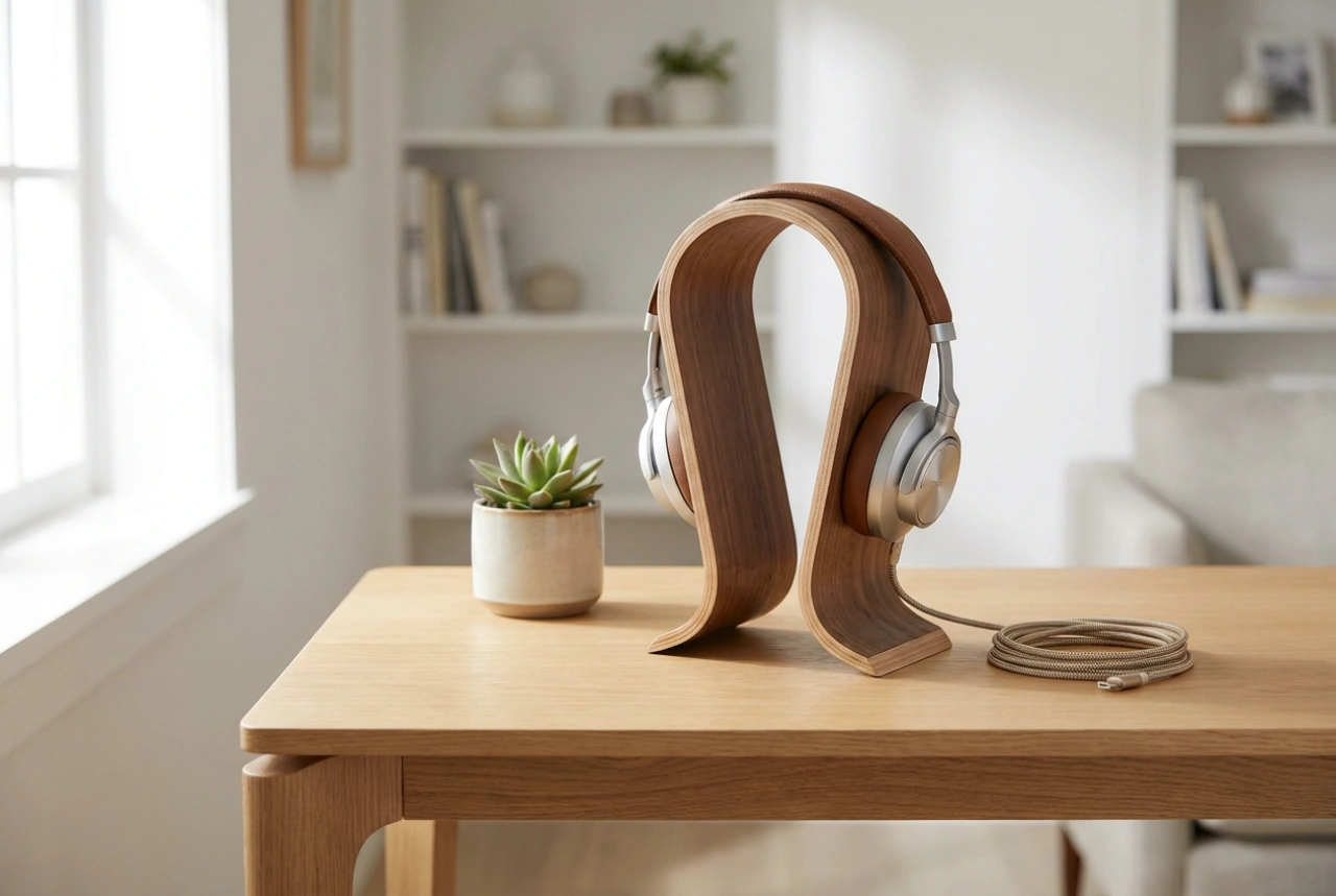 Como usar um suporte de madeira para fones de ouvido para organizar a mesa