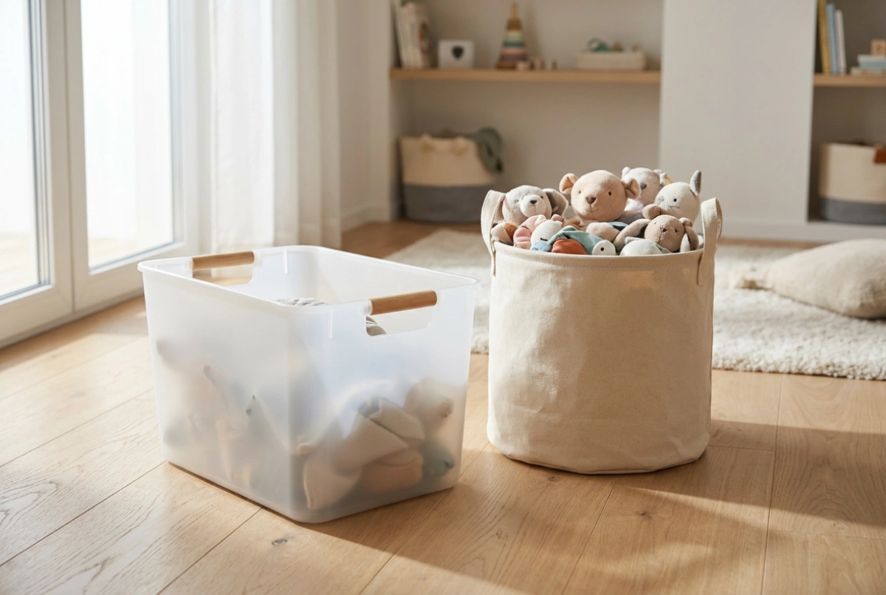 Caixas de plástico para brinquedos e um sistema simples de arrumação para crianças