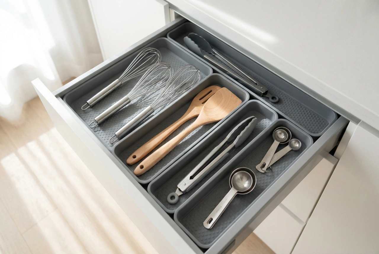 Como os tapetes para gavetas de cozinha facilitam a organização dos utensílios