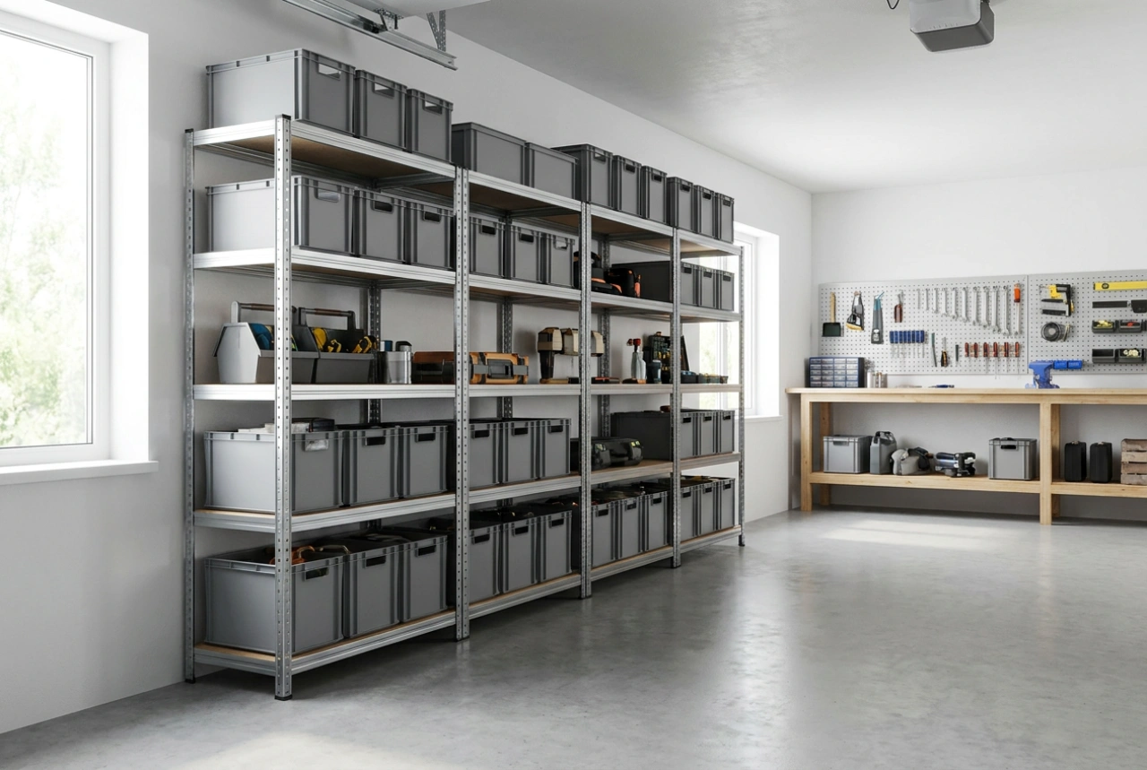 Como organizar estantes metálicas na garagem para libertar espaço no chão