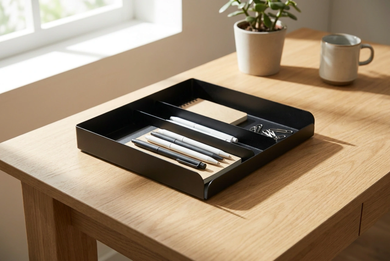 Organizador de mesa preto como base de um sistema simples de organização