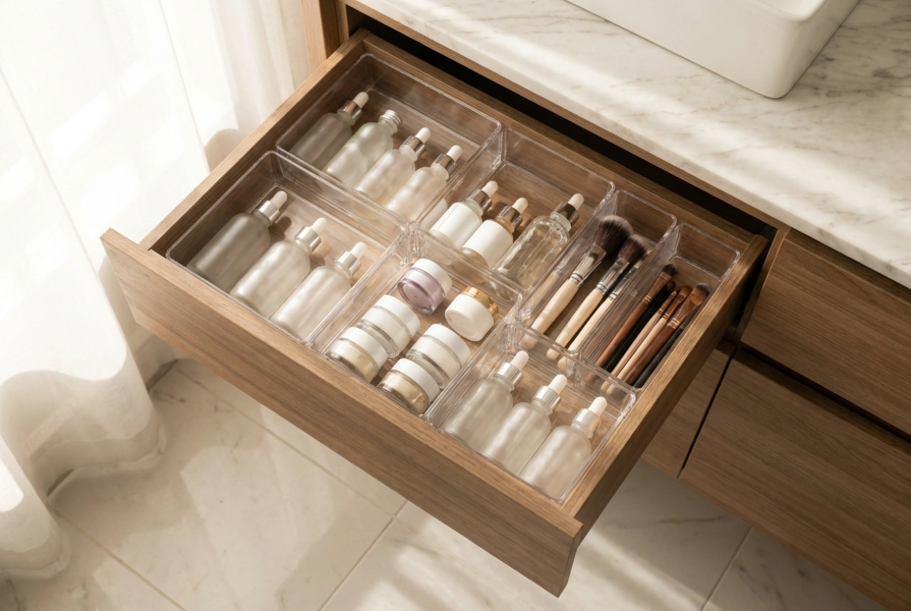 Organizador de cosméticos para gaveta: o método para manhãs sem buscas
