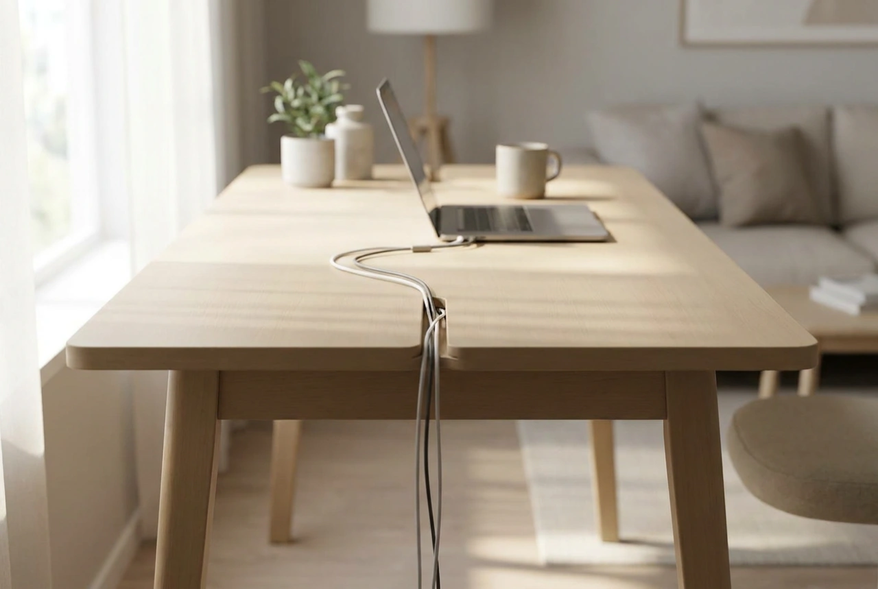 Organizador de cabos para secretária numa zona de trabalho ergonómica