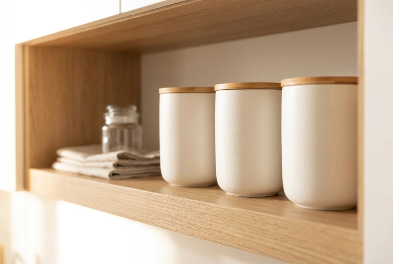 Sistema harmonioso de recipientes para café, chá e açúcar no armário