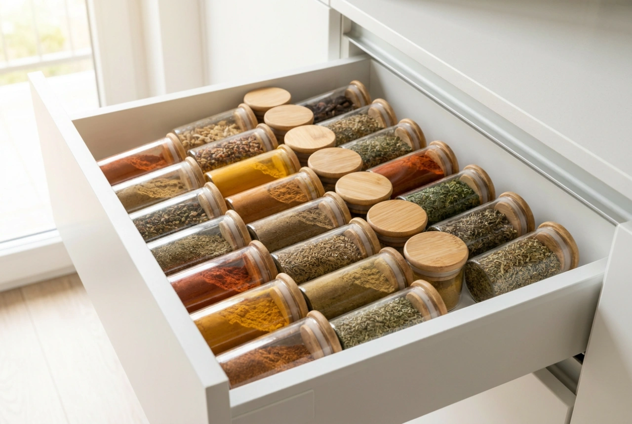 Frascos de especiarias modernos como base para um armário organizado