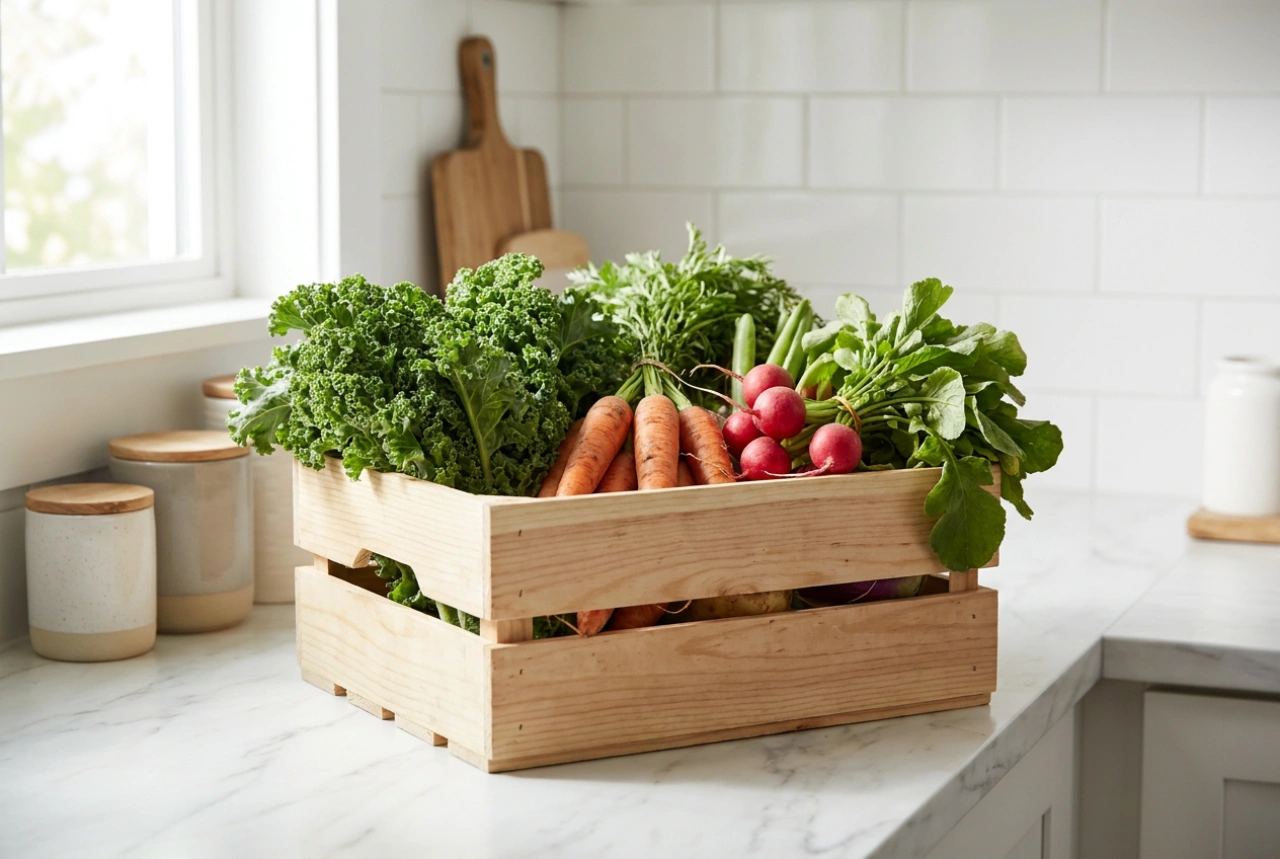 Como organizar uma caixa de madeira para vegetais na cozinha ou despensa