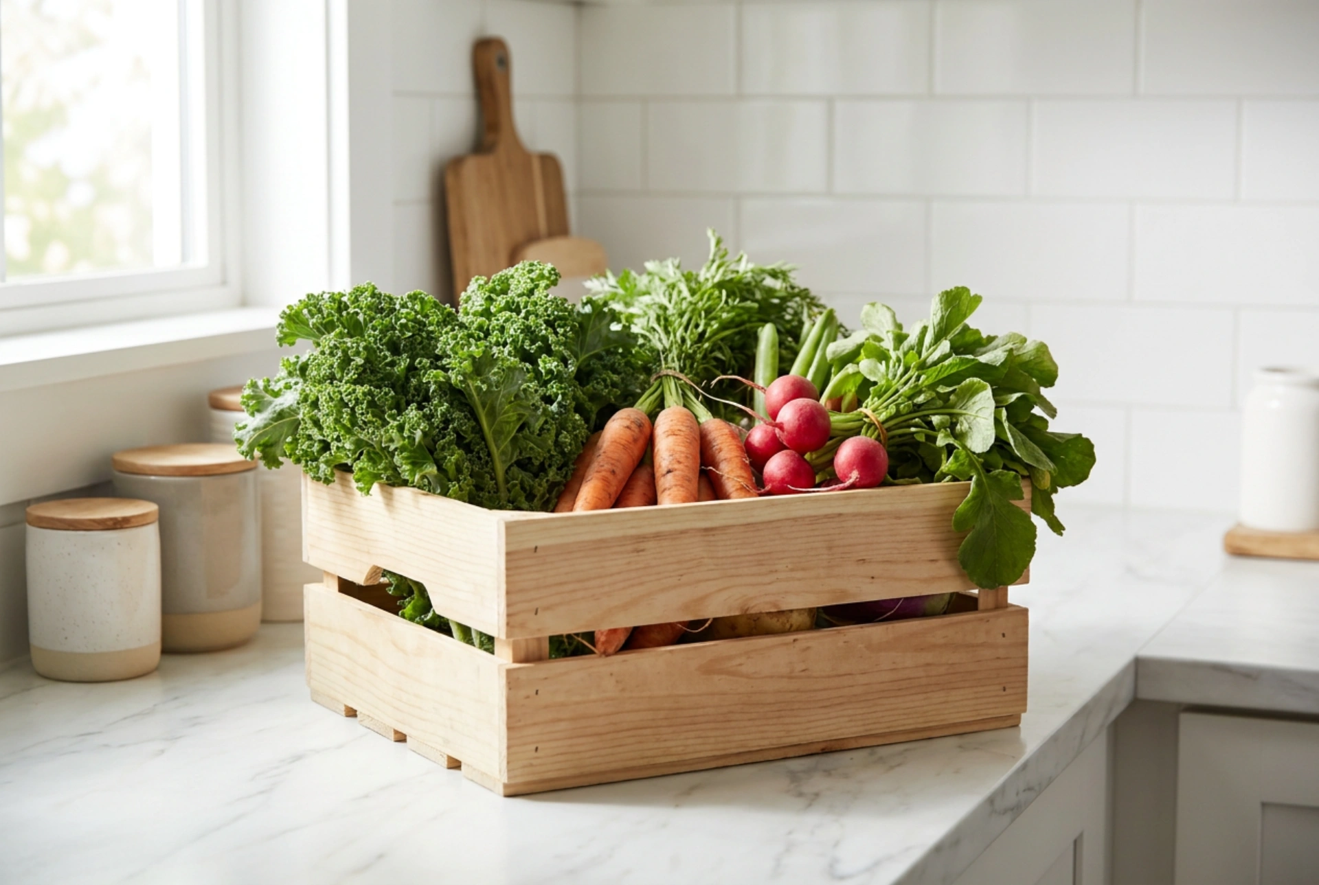 Como organizar uma caixa de madeira para vegetais na cozinha ou despensa