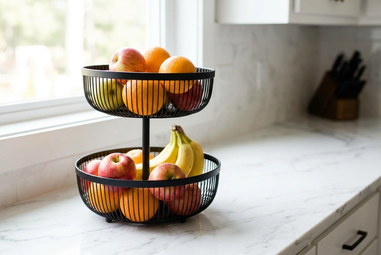Como organizar uma fruteira de dois andares numa cozinha pequena