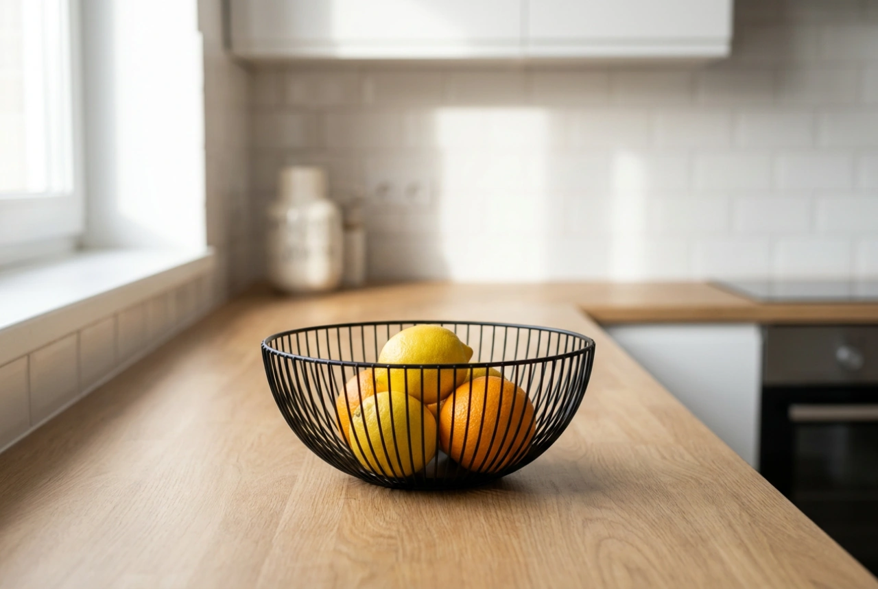 Como posicionar uma fruteira preta para não atravancar a bancada