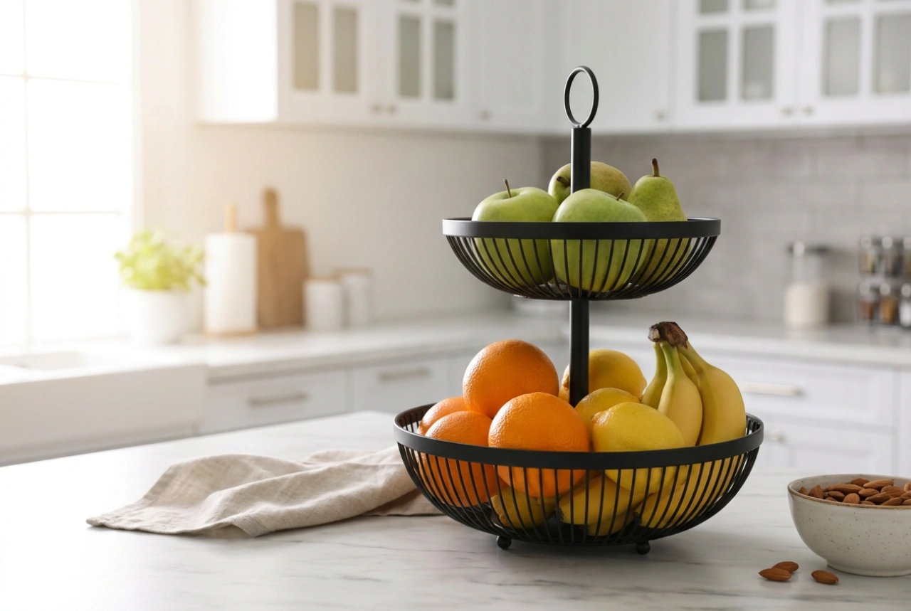 Organização eficiente de frutas em fruteiras de vários andares