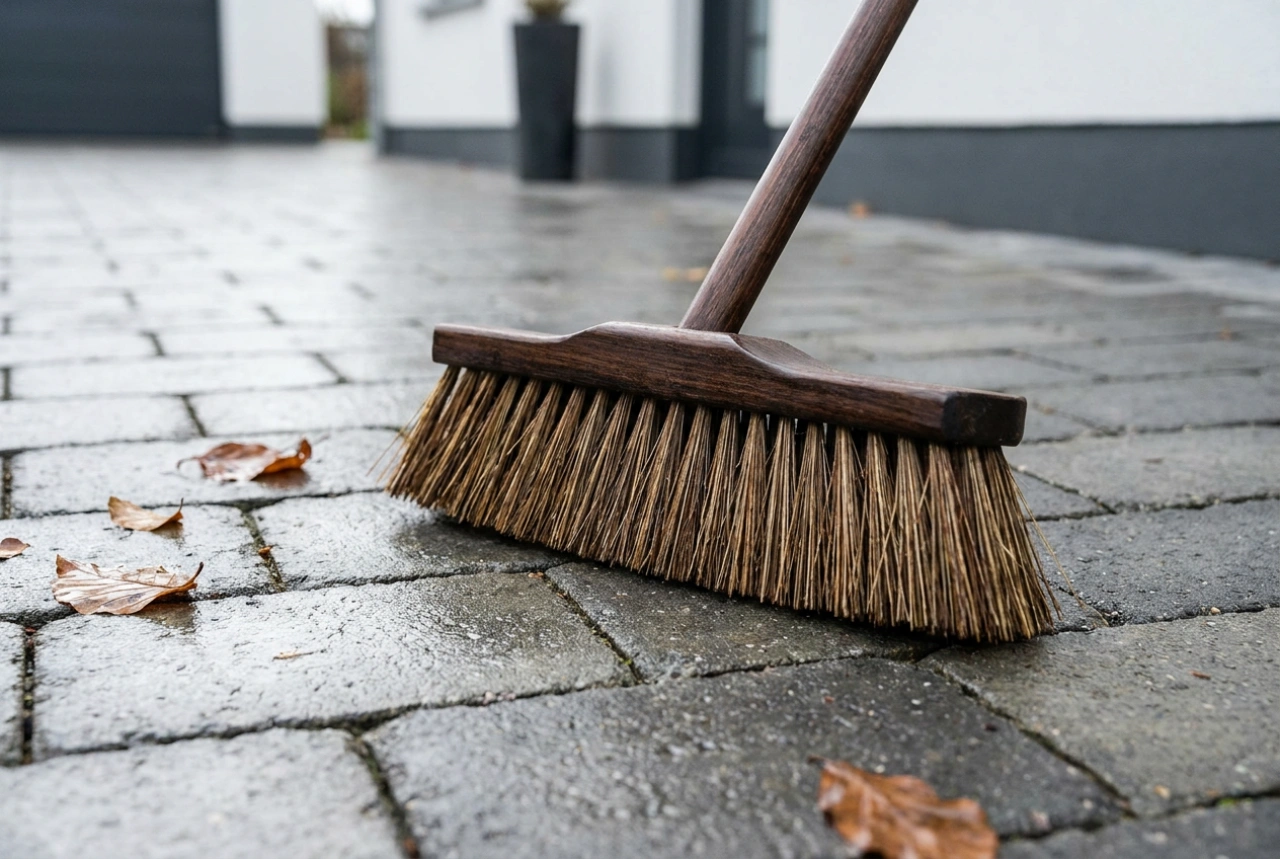 Como varrer o pavimento exterior após a chuva e trabalhos de jardinagem