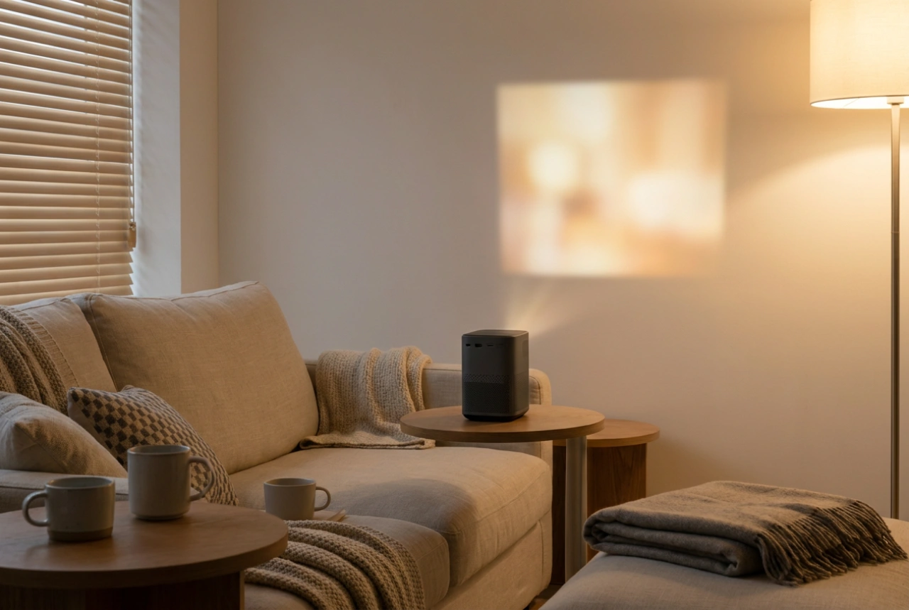 Projetor de cinema em casa e configurações iniciais de imagem