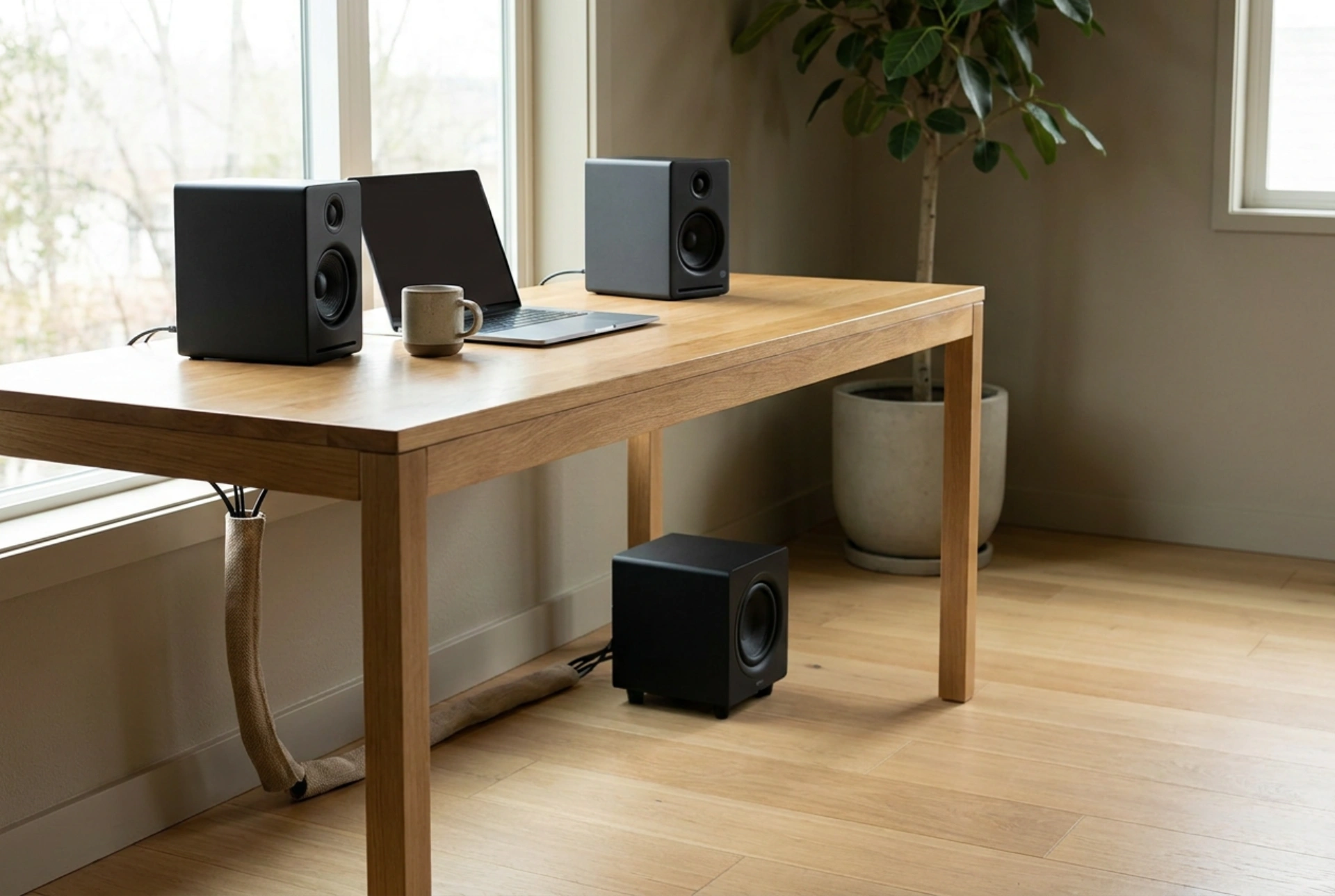 Como posicionar alto-falantes de computador com subwoofer na mesa