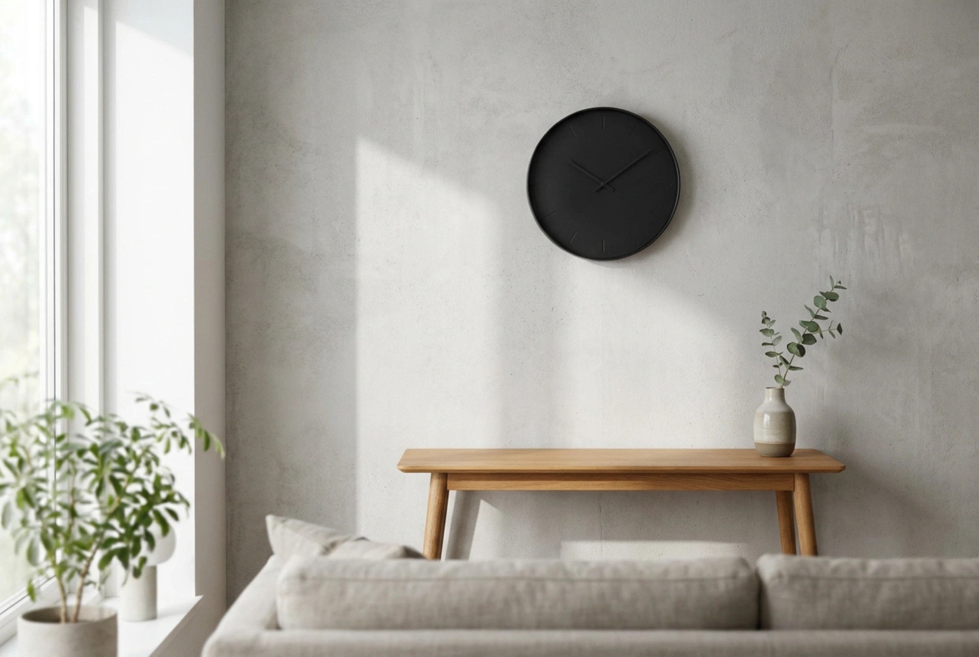 Como destacar um grande relógio de parede preto num interior moderno