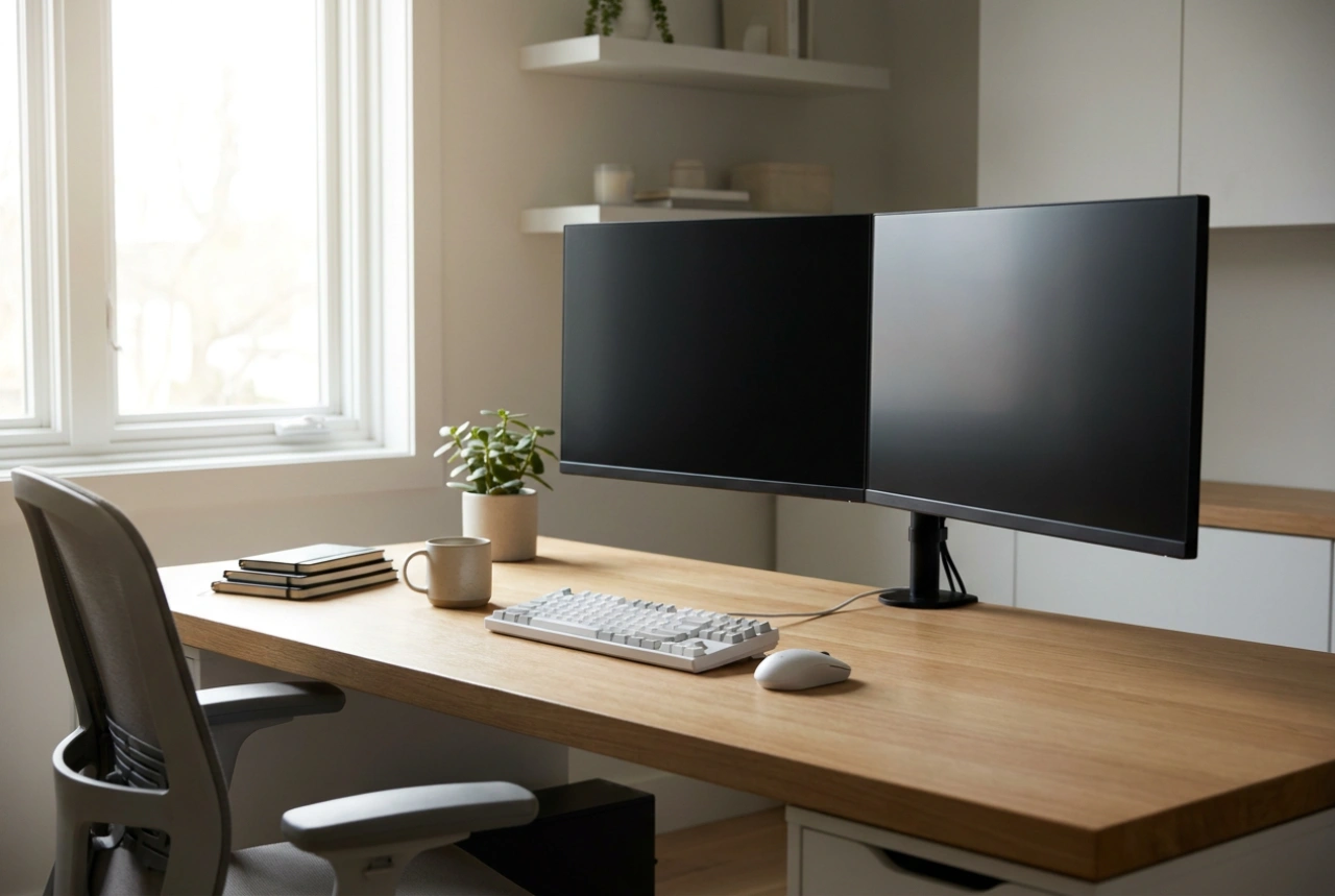 Como ajustar um suporte duplo de monitor para máxima ergonomia