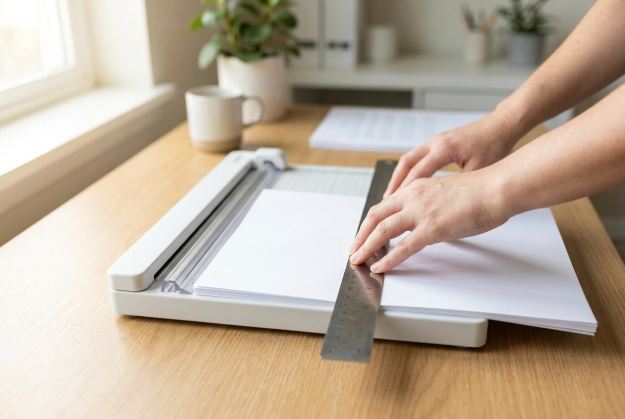 Corte seguro de papel com guilhotina durante a organização de documentos