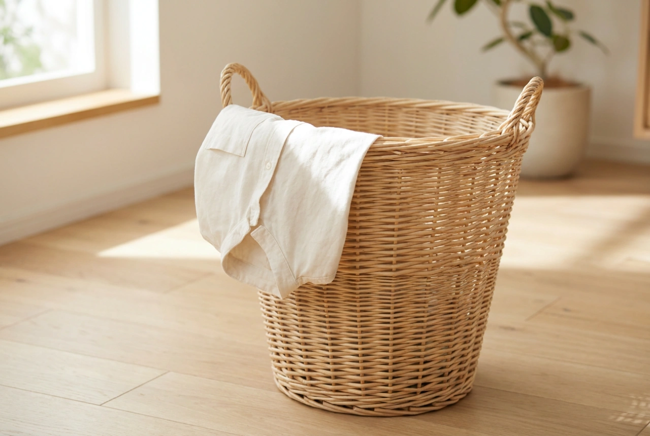Cestos de vime para a roupa e as regras para armazenar tecidos húmidos