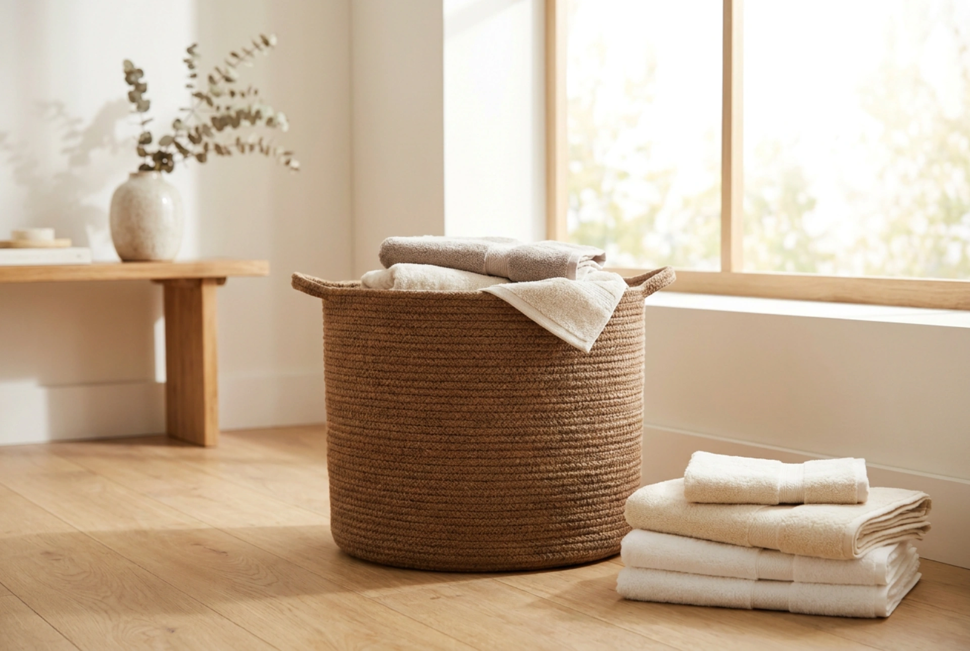 Cesto de roupa castanho para uma casa de banho acolhedora