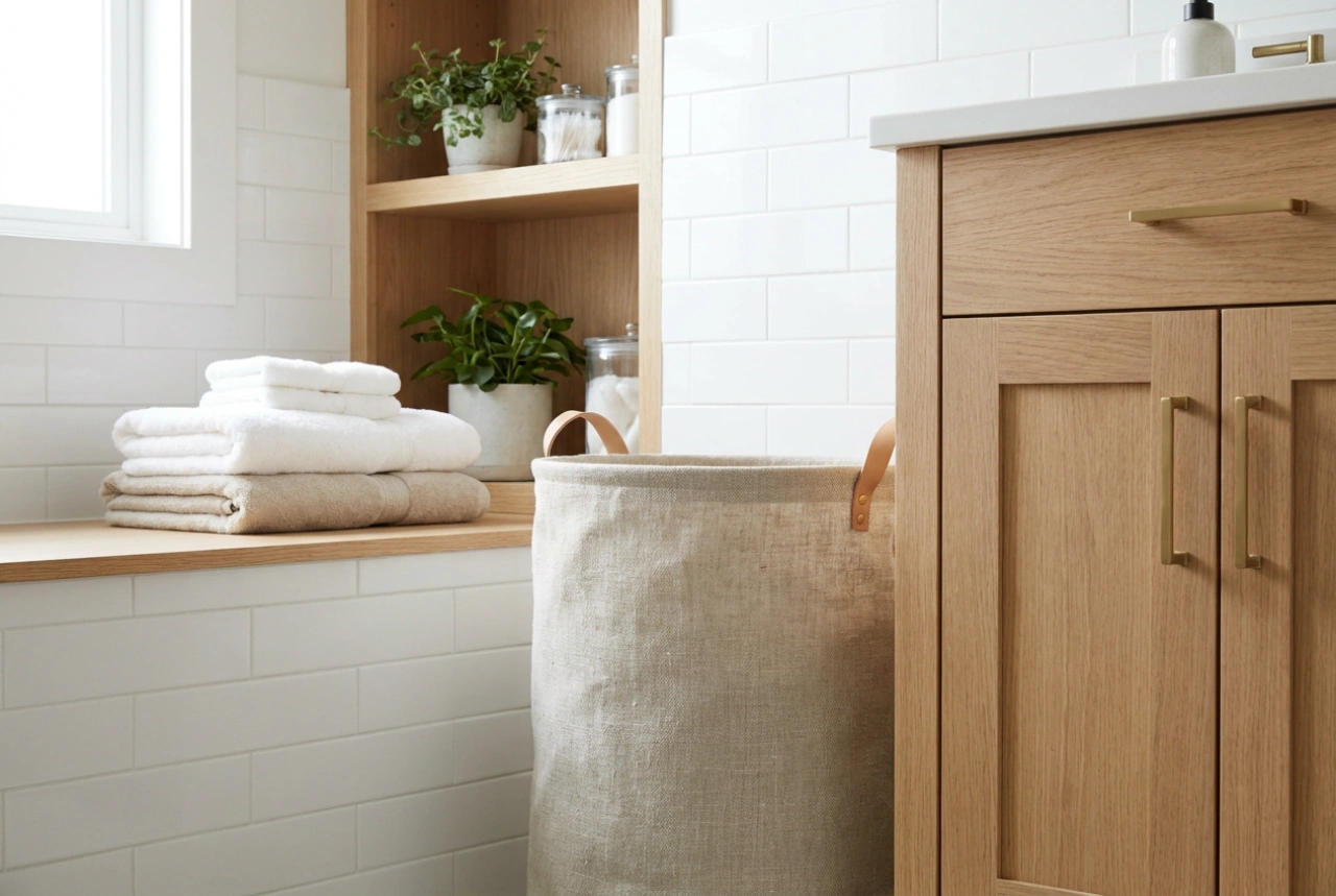 O cesto de roupa moderno em uma casa de banho prática e coerente