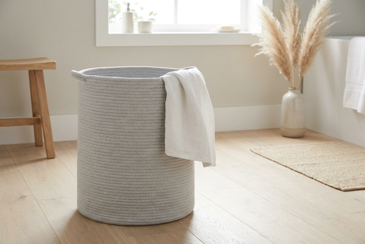 O cesto de roupa cinzento como elemento prático de organização na casa de banho