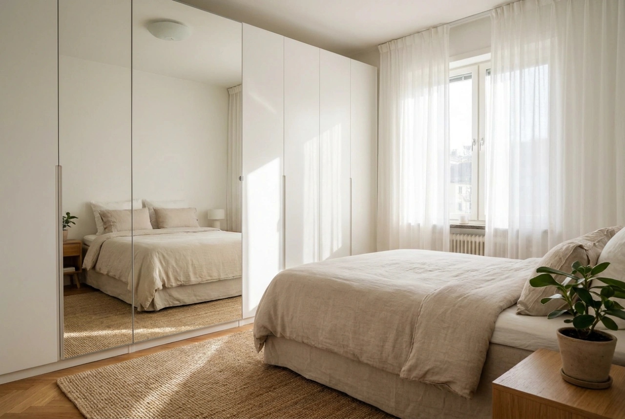 Roupeiro branco com espelho para um quarto mais claro e organizado
