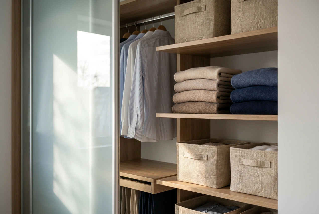 Como organizar um armário de três portas com espelho para todo o guarda-roupa