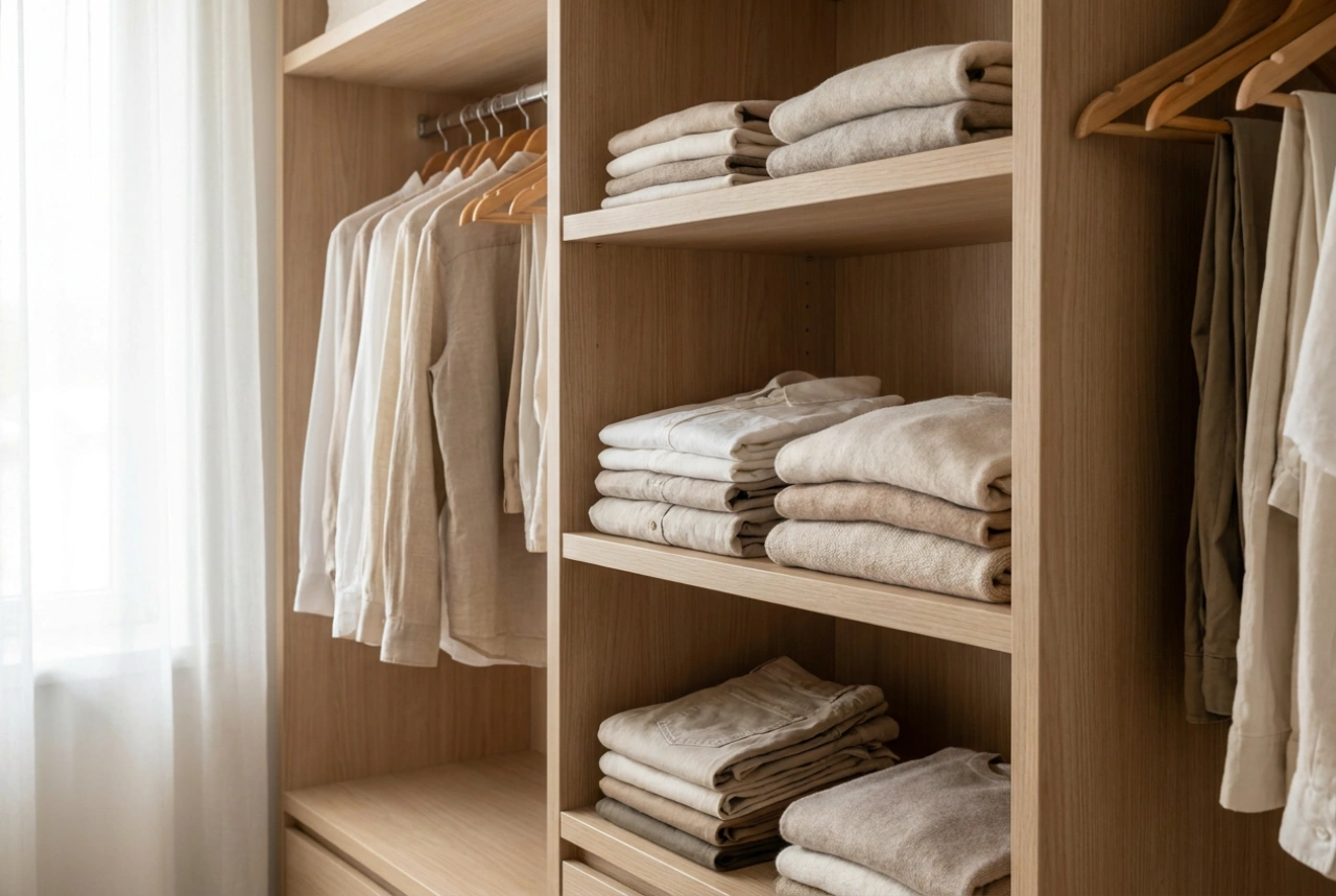 Grande roupeiro de quarto: a divisão ideal de prateleiras para roupa de estação
