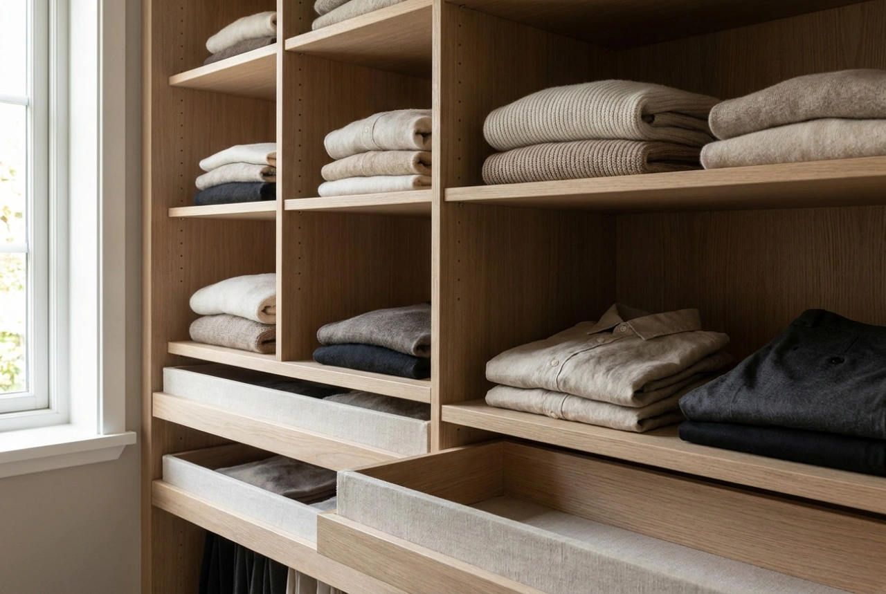 Como organizar um roupeiro de duas portas com prateleiras em categorias diárias