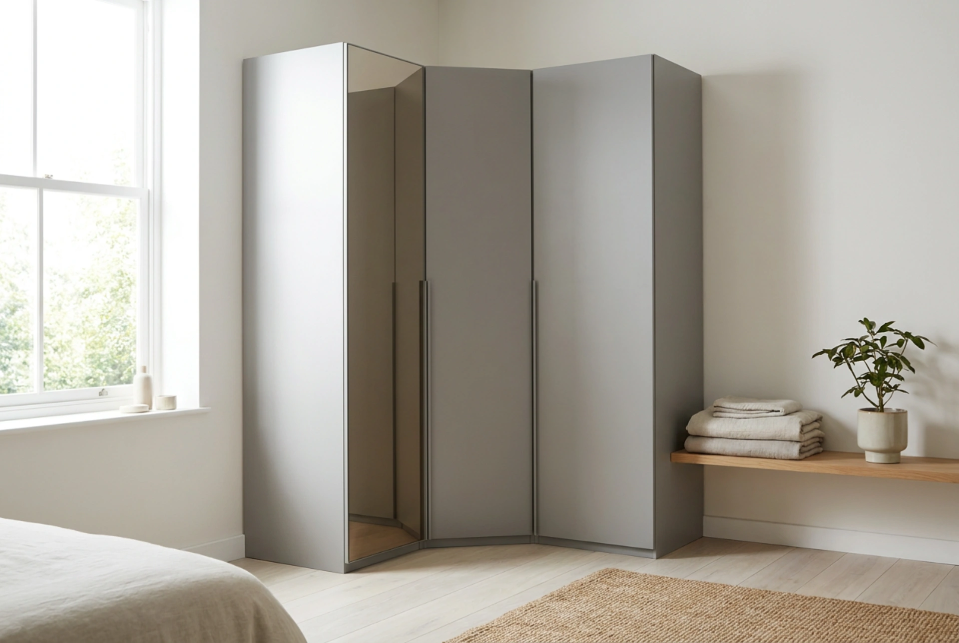 Como aproveitar um roupeiro de canto com espelho num layout de quarto difícil