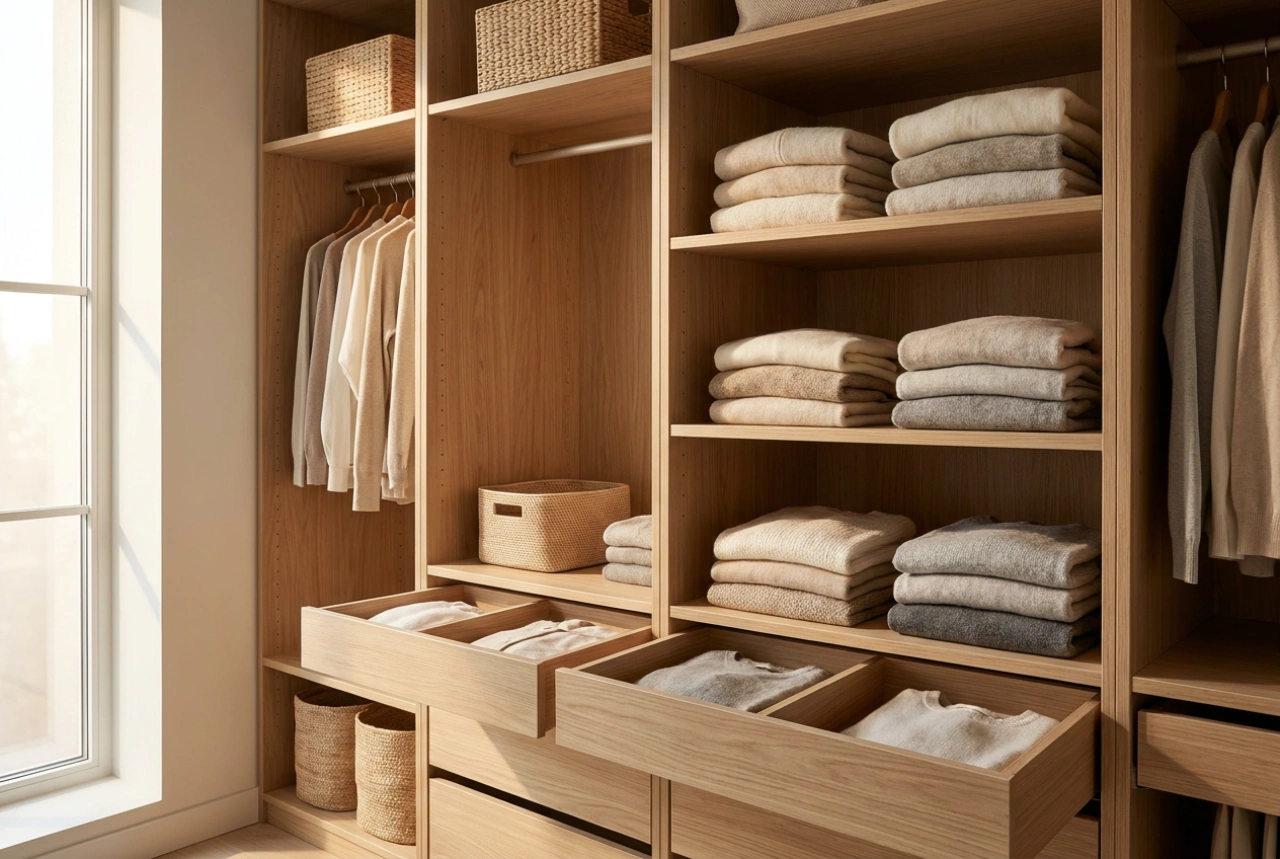 Organização do roupeiro: como estruturar prateleiras, gavetas e sistemas para a roupa do dia a dia