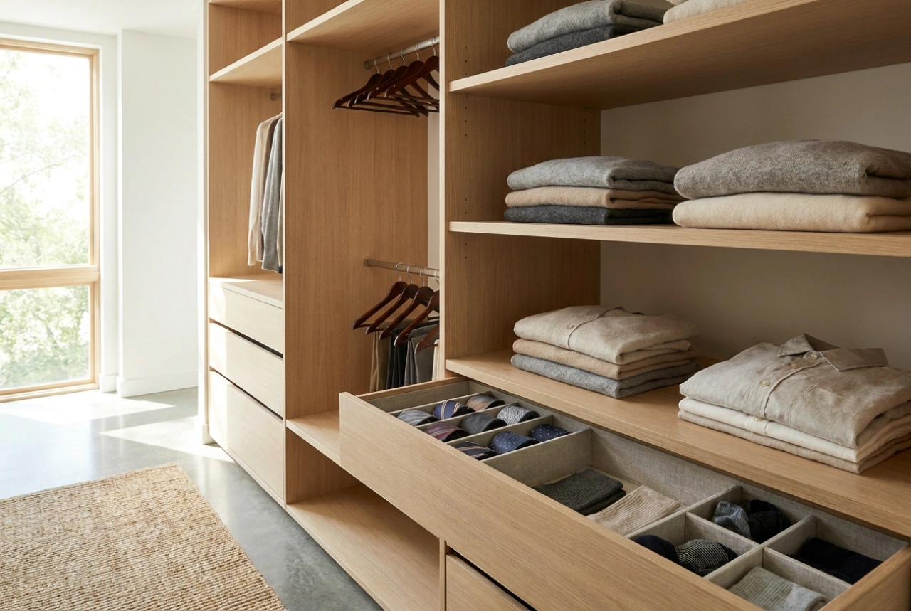 Organização prática do guarda-roupa com gavetas e prateleiras para o dia a dia