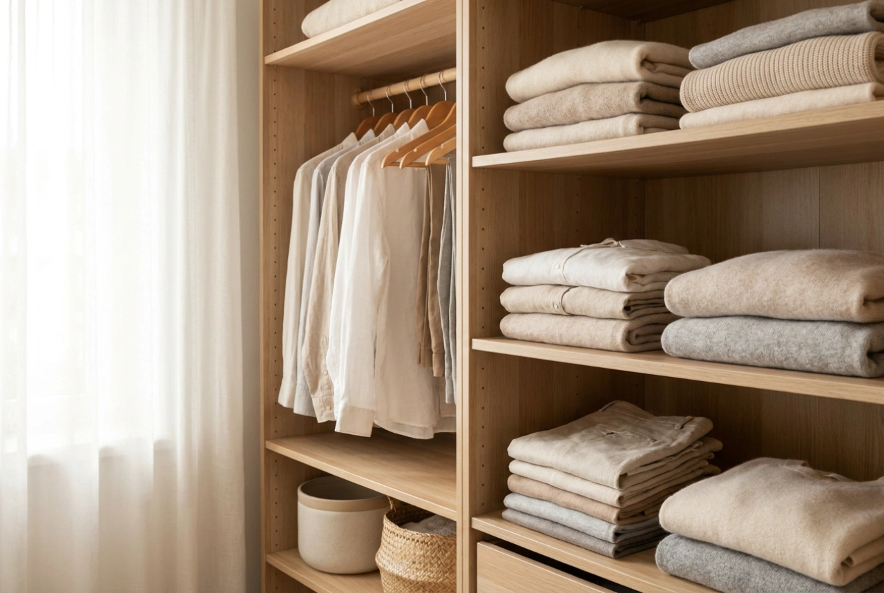 Divisão comprovada de prateleiras de roupa num roupeiro funcional