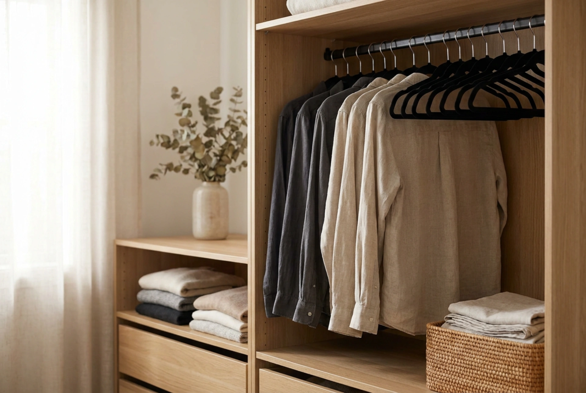 Como estruturar e manter a organização em guarda-roupas de tecido com cabides