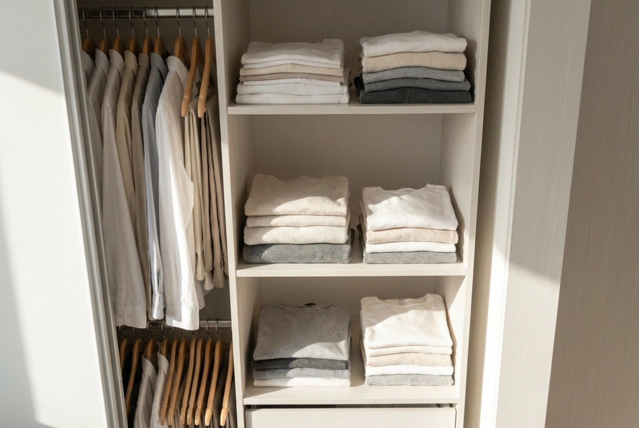 Como organizar um roupeiro de três portas com gavetas em zonas funcionais