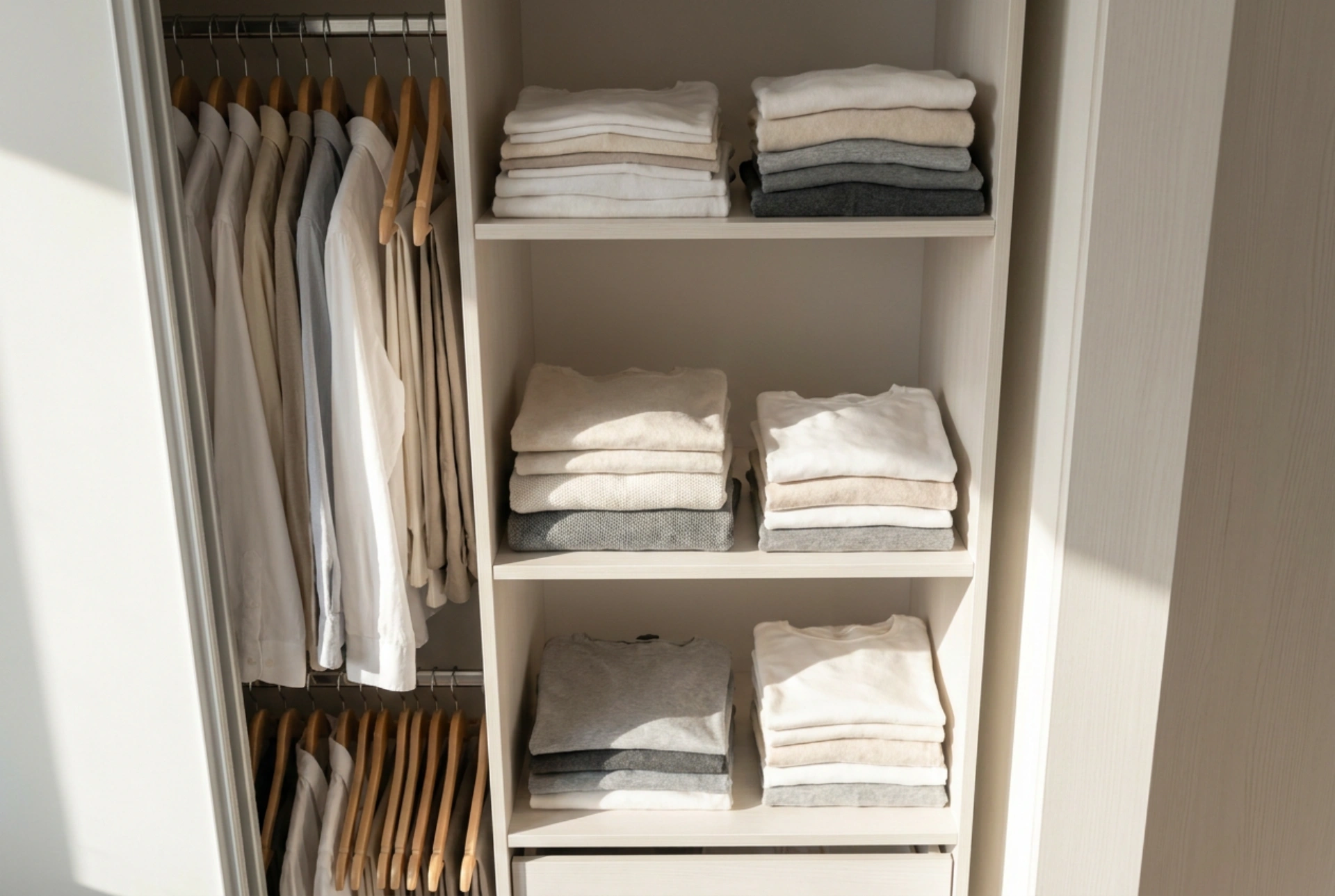 Como organizar um roupeiro de três portas com gavetas em zonas funcionais