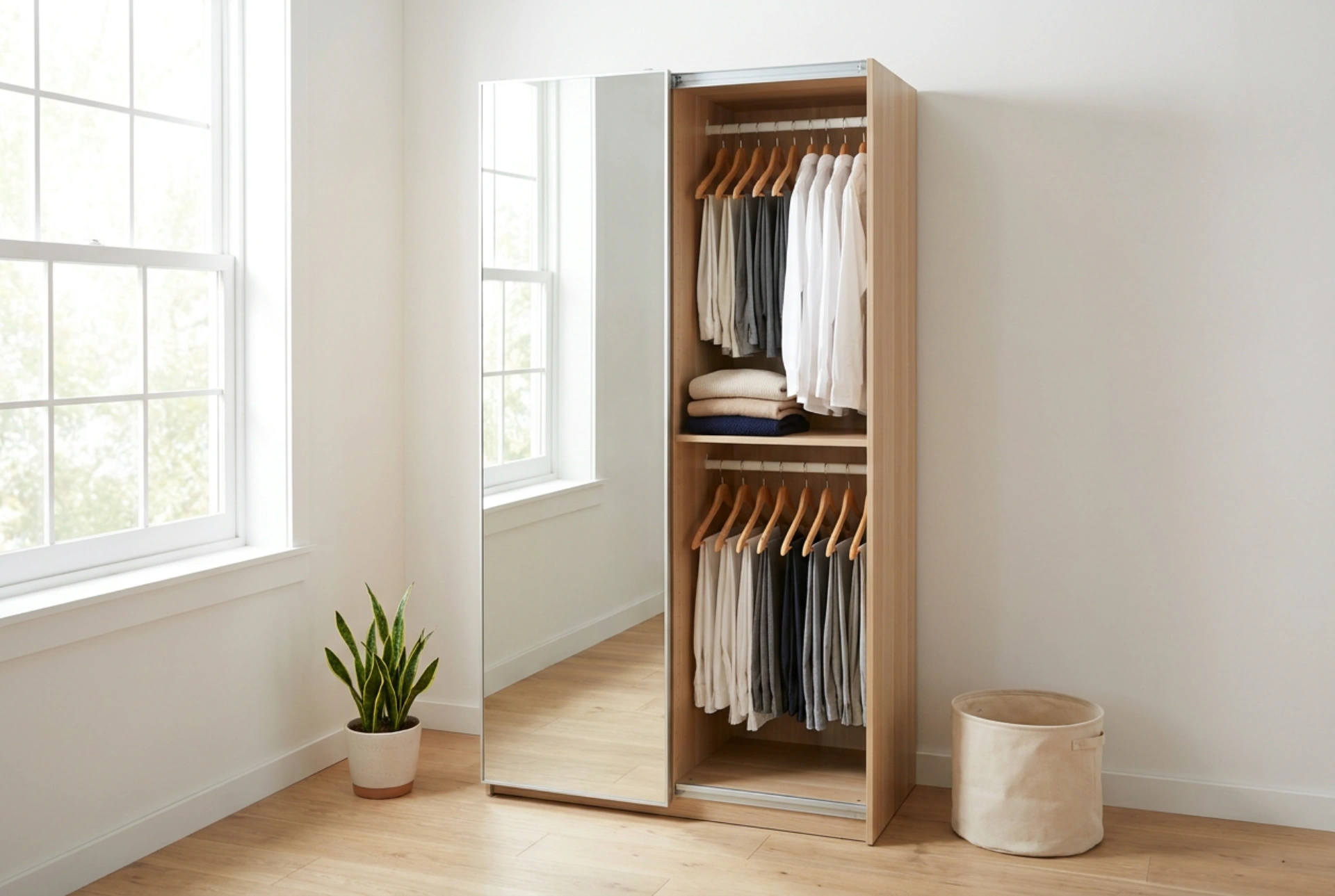 Como organizar um roupeiro de uma porta com espelho num quarto estreito