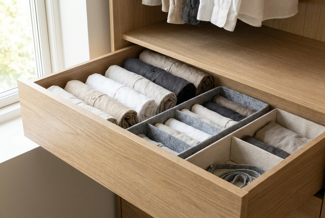 Como a cómoda interior organiza pequenos objetos e roupa interior no roupeiro