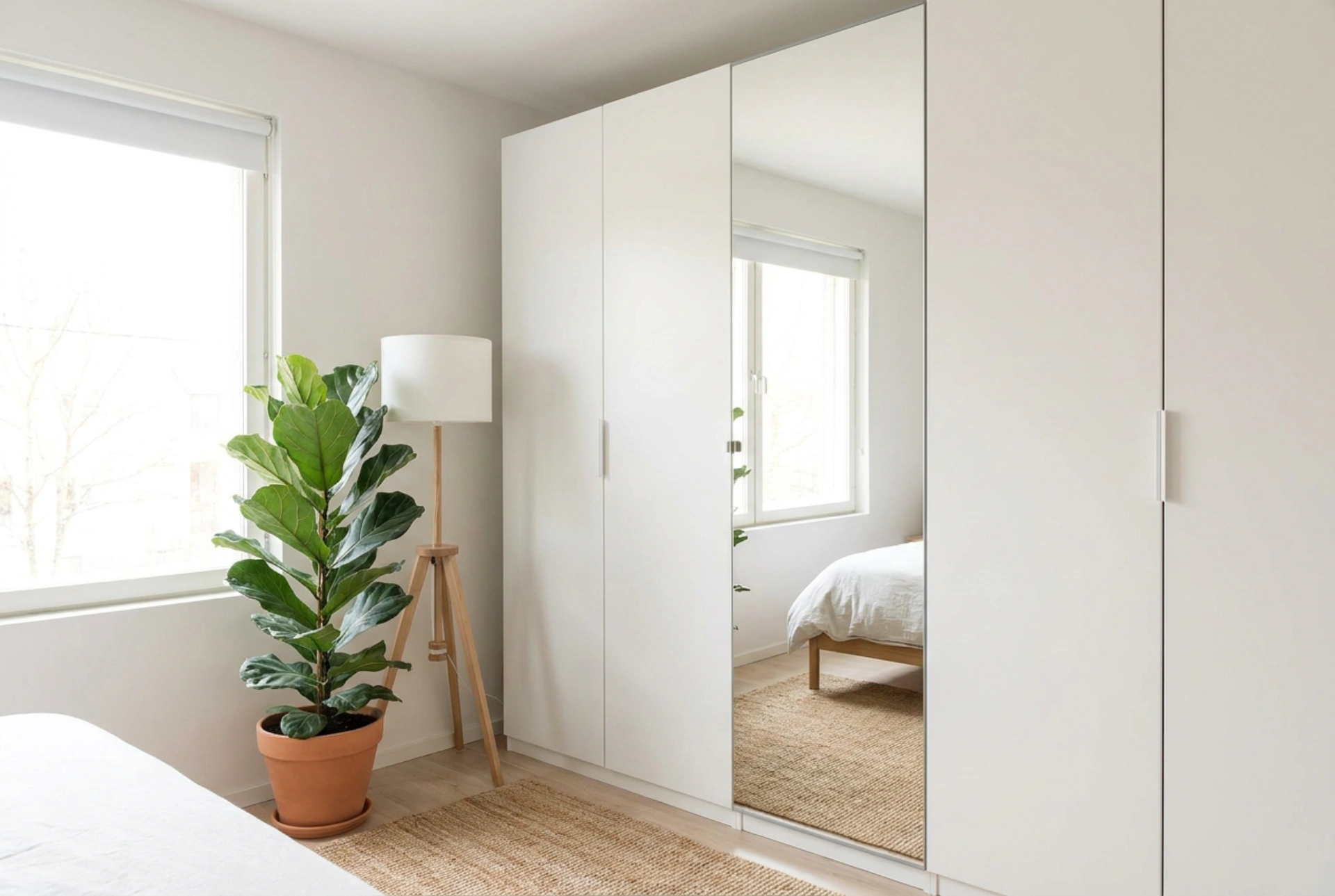 Como otimizar um quarto pequeno com um roupeiro de canto branco com espelho