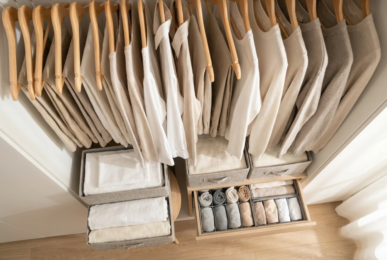 Organização inteligente de um guarda-roupa pequeno em várias zonas