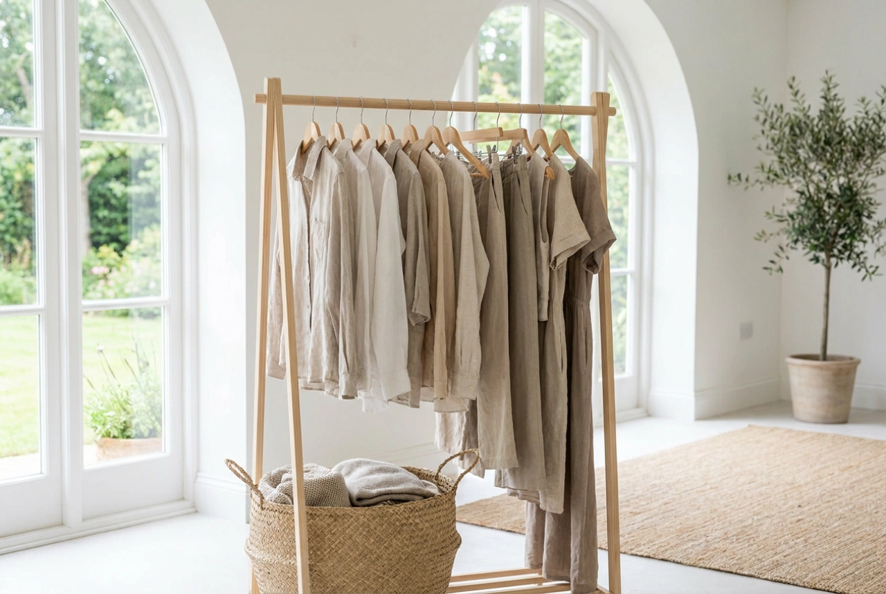 Suporte de madeira para roupas e o caminho simples para um guarda-roupa cápsula