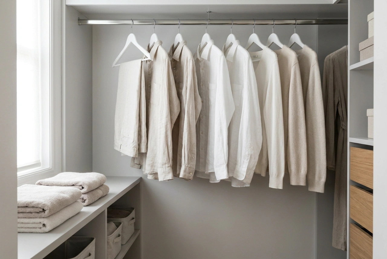 Cabides brancos e o sistema de organização uniforme para o roupeiro