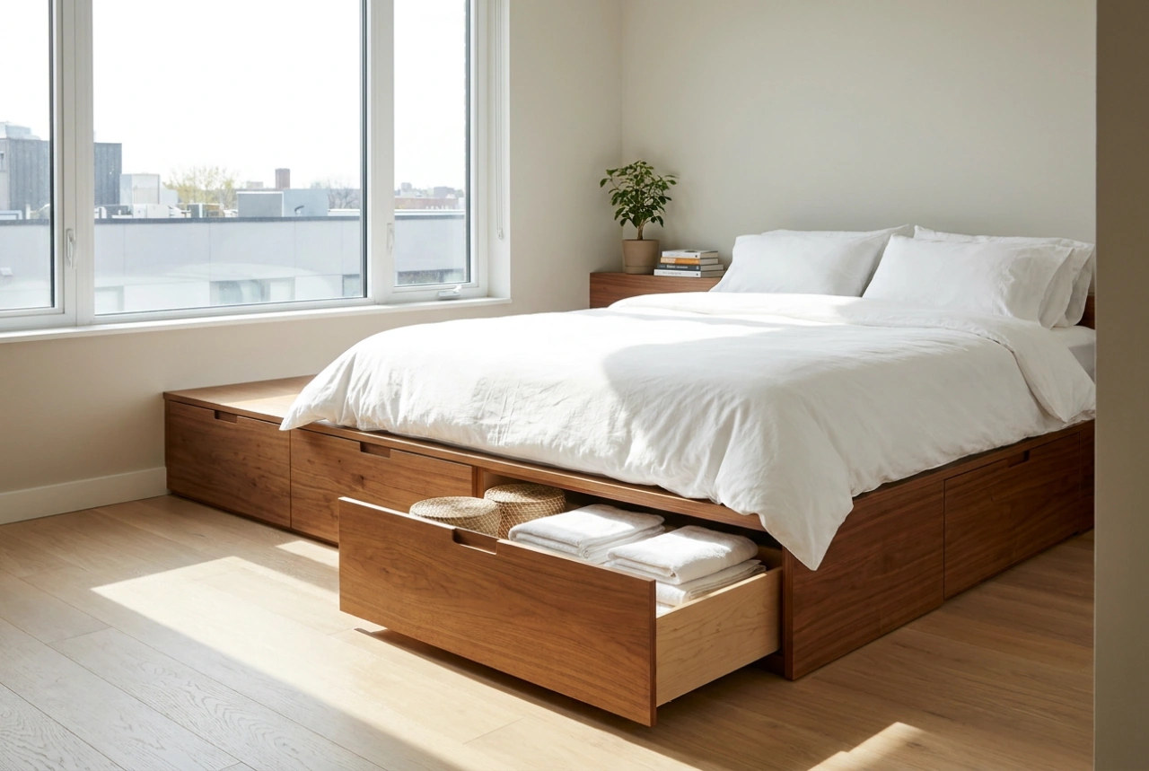 Cama com roupeiro em baixo como solução de arrumação para quartos pequenos
