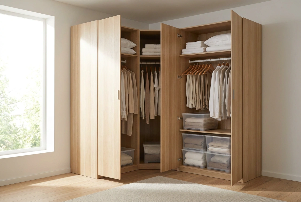 Organização de estante modular com roupeiro de canto para roupas e provisões