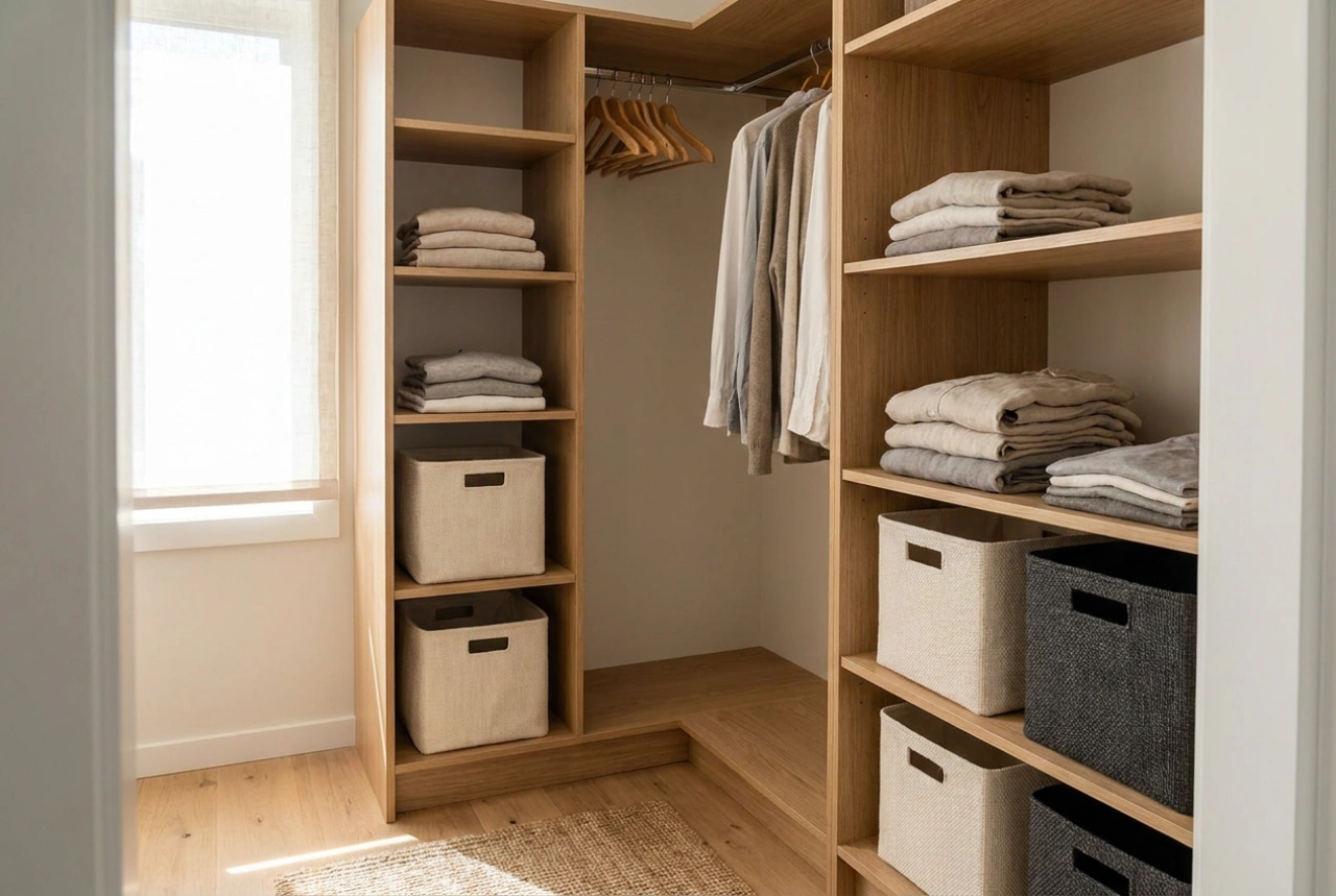 Roupeiro de canto num quarto pequeno: organização inteligente do interior