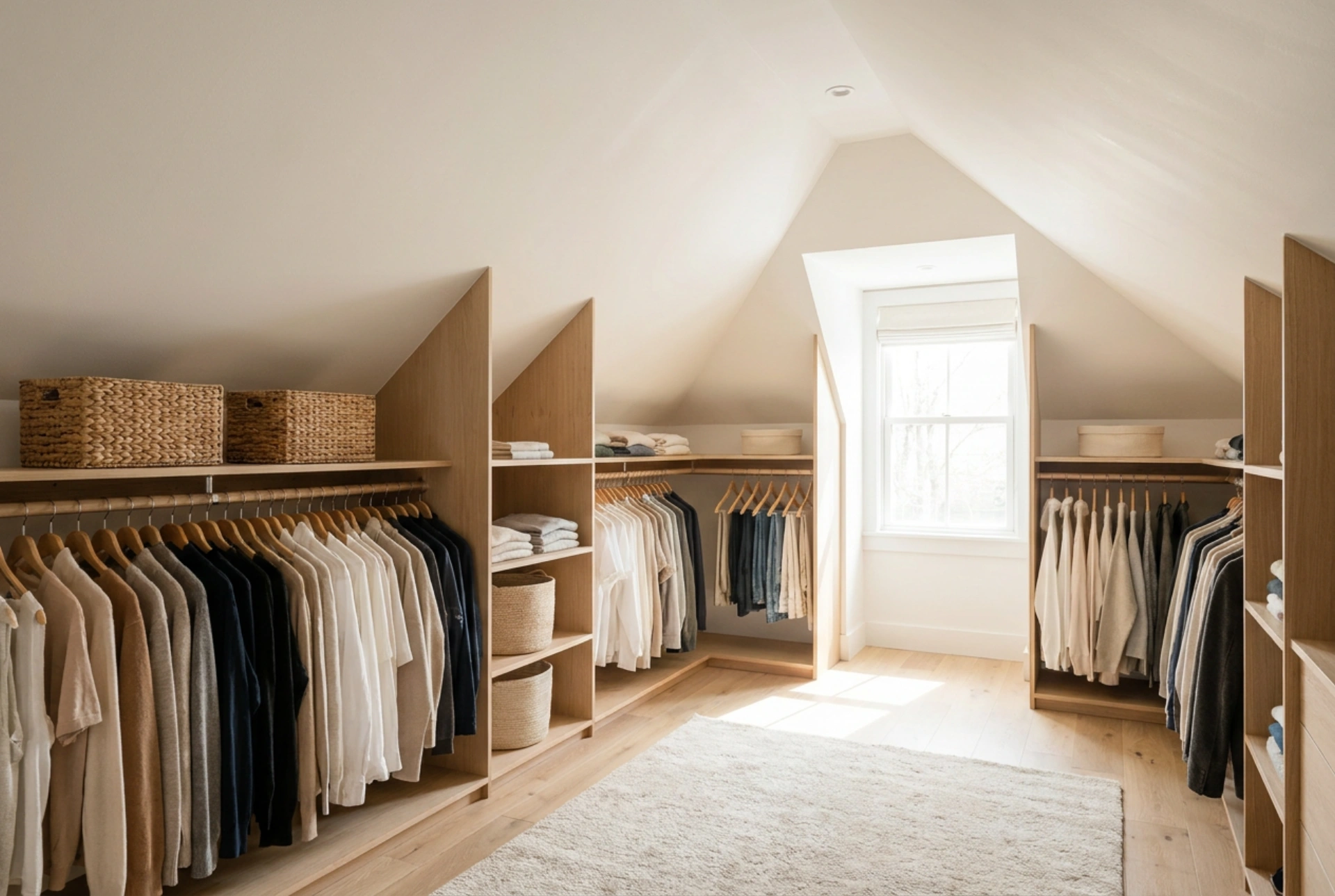 Como projetar um closet pequeno sob o teto inclinado sem criar passagens estreitas