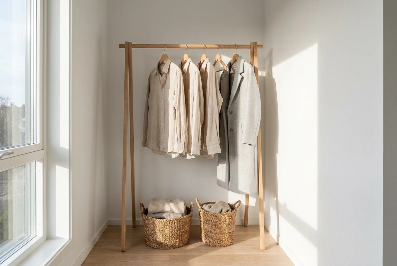 Como utilizar um cabideiro de pé em madeira num closet pequeno