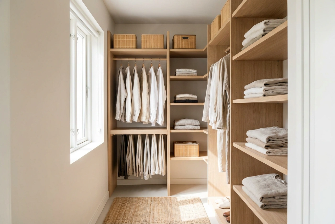 Como organizar um roupeiro estreito no quarto sem perder espaço para a cama